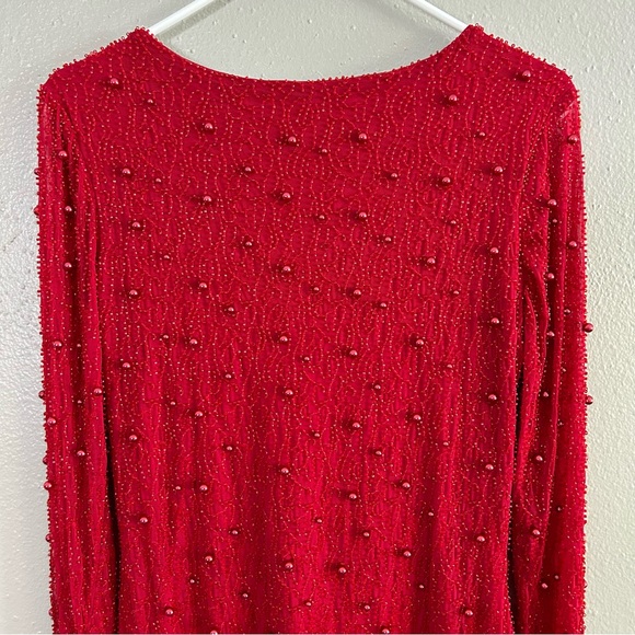 Oh Polly Deep Plunge Fully Beaded Red Long Sleeve Cowl Neck Mini Dress 8 Holiday - Picture 9 of 13